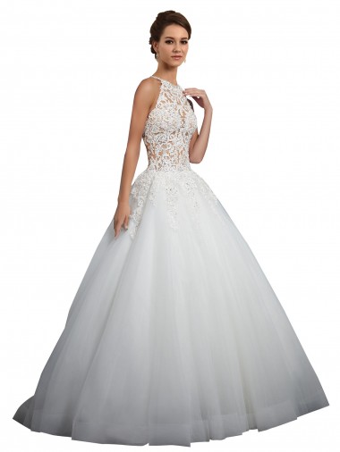 Avorio Abito da ballo Alto Collo Tulle Pizzo Abiti da sposa Basso Prezzo