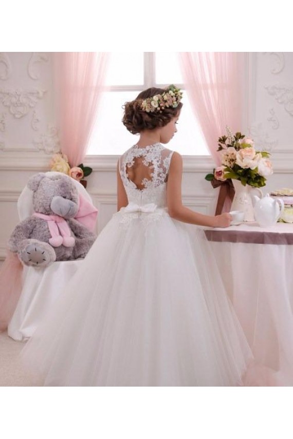 Avorio Abito da ballo Alto Collo Tulle Pizzo Lunga Abiti da ragazza di fiori Basso Prezzo