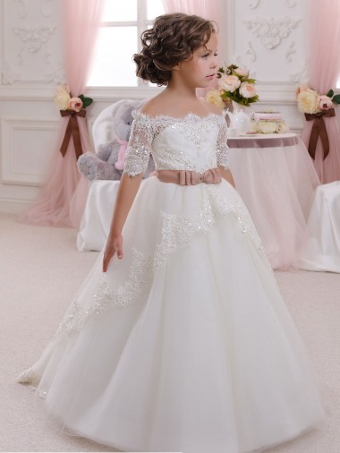 Avorio Abito da ballo Alto Collo Tulle Pizzo Lunga Abiti da ragazza di fiori Basso Prezzo