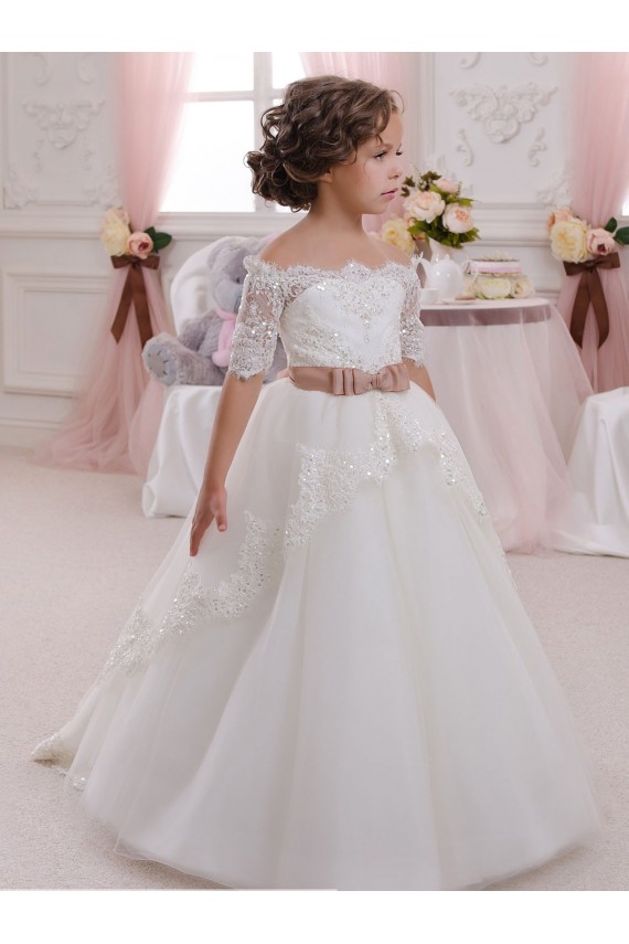 Avorio Abito da ballo Alto Collo Tulle Pizzo Lunga Abiti da ragazza di fiori Basso Prezzo