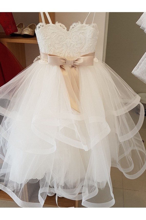Avorio Abito da ballo Alto Collo Tulle Pizzo Lunga Abiti da ragazza di fiori Basso Prezzo