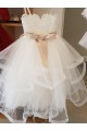 Avorio Abito da ballo Alto Collo Tulle Pizzo Lunga Abiti da ragazza di fiori Basso Prezzo