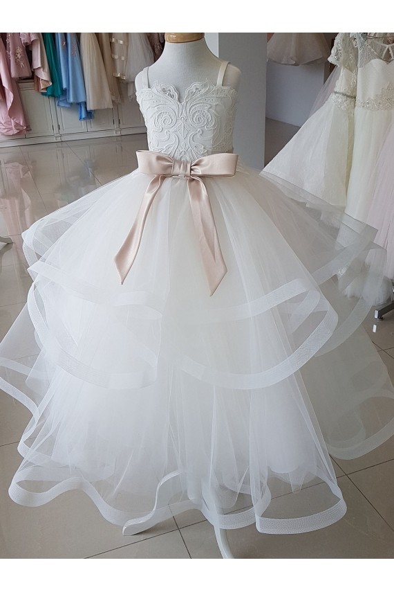 Avorio Abito da ballo Alto Collo Tulle Pizzo Lunga Abiti da ragazza di fiori Basso Prezzo