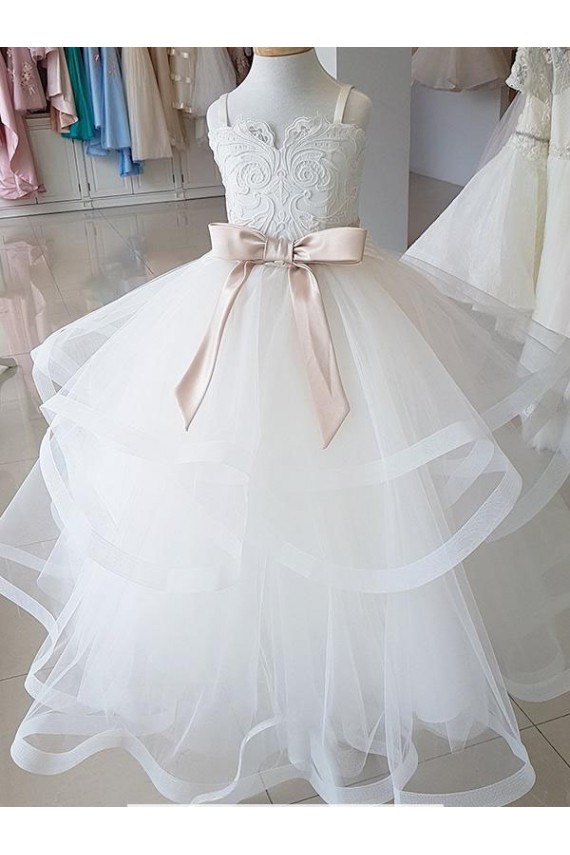 Avorio Abito da ballo Alto Collo Tulle Pizzo Lunga Abiti da ragazza di fiori Basso Prezzo