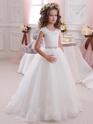 Avorio Abito da ballo Alto Collo Tulle Pizzo Lunga Abiti da ragazza di fiori Basso Prezzo