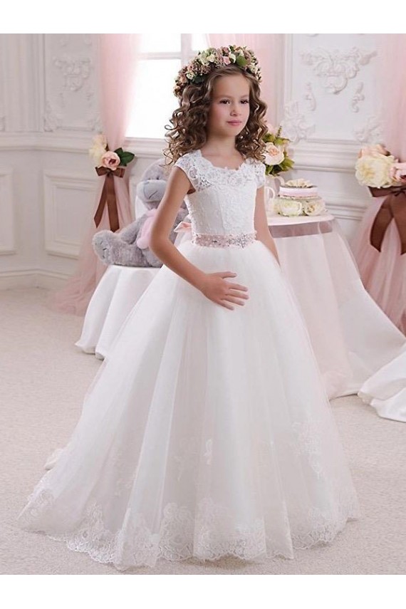 Avorio Abito da ballo Alto Collo Tulle Pizzo Lunga Abiti da ragazza di fiori Basso Prezzo