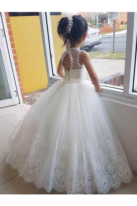 Avorio Abito da ballo Alto Collo Tulle Pizzo Lunga Abiti da ragazza di fiori Basso Prezzo