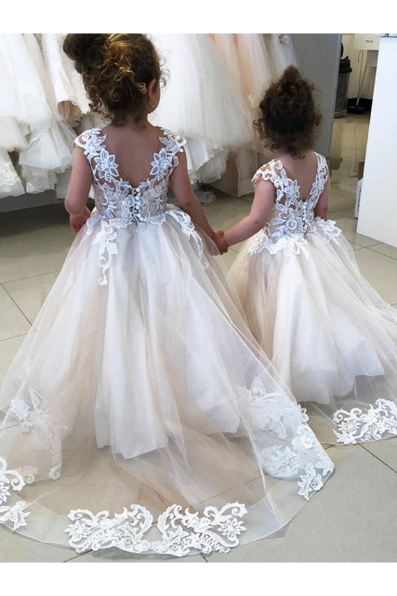Avorio Abito da ballo Barca Tulle Pizzo Lunga Abiti da ragazza di fiori Basso Prezzo