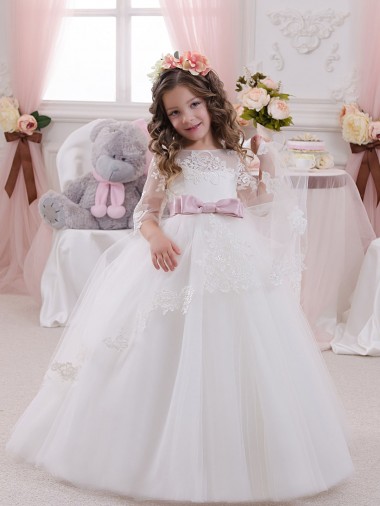 Avorio Abito da ballo Barca Tulle Pizzo Lunga Abiti da ragazza di fiori Basso Prezzo