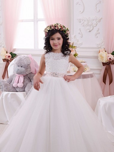 Avorio Abito da ballo Barca Tulle Pizzo Lunga Abiti da ragazza di fiori Basso Prezzo