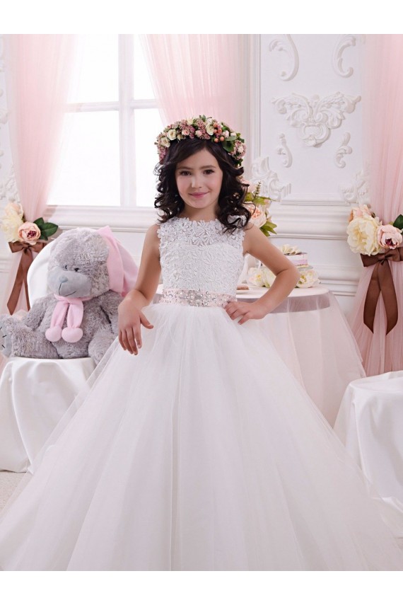 Avorio Abito da ballo Barca Tulle Pizzo Lunga Abiti da ragazza di fiori Basso Prezzo