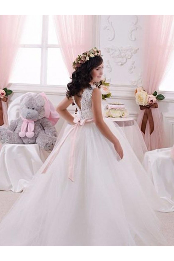 Avorio Abito da ballo Barca Tulle Pizzo Lunga Abiti da ragazza di fiori Basso Prezzo