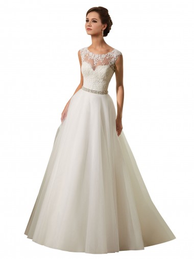 Avorio Abito da ballo Illusione Tulle Pizzo Abiti da sposa Basso Prezzo