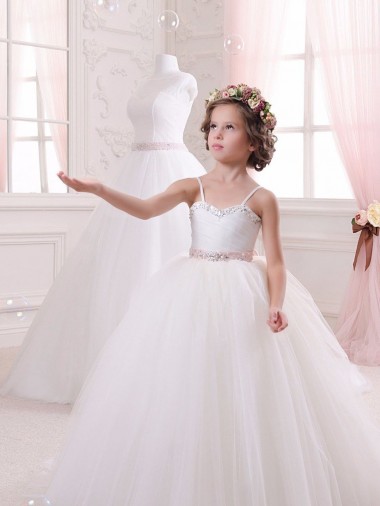 Avorio Abito da ballo Innamorato Tulle Lunga Abiti da ragazza di fiori Basso Prezzo