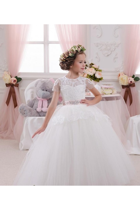Avorio Abito da ballo Innamorato Tulle Pizzo Lunga Abiti da ragazza di fiori Basso Prezzo