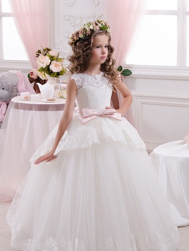 Avorio Abito da ballo Innamorato Tulle Pizzo Lunga Abiti da ragazza di fiori Basso Prezzo