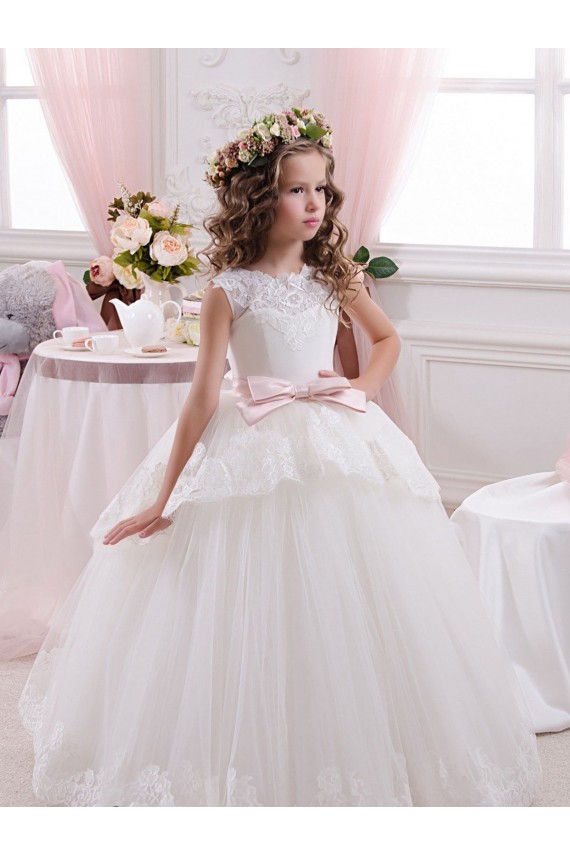 Avorio Abito da ballo Innamorato Tulle Pizzo Lunga Abiti da ragazza di fiori Basso Prezzo