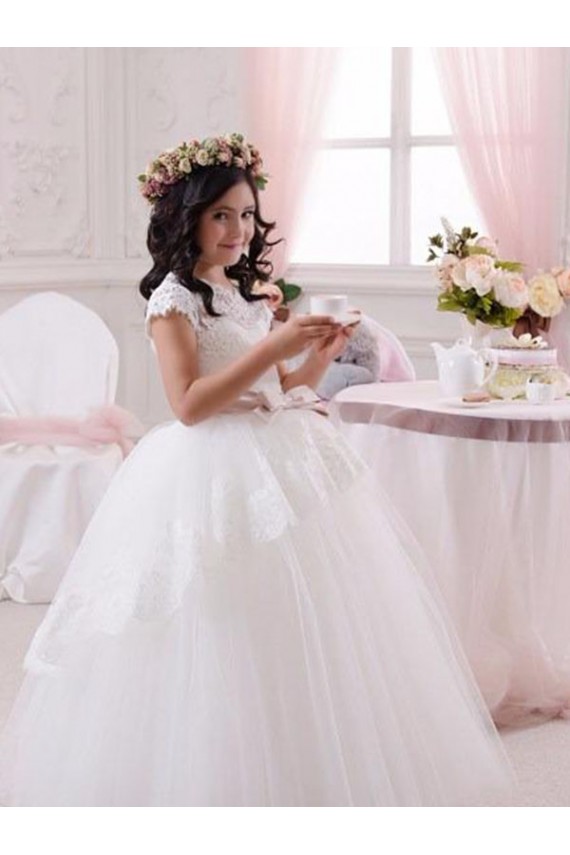 Avorio Abito da ballo Innamorato Tulle Pizzo Lunga Abiti da ragazza di fiori Basso Prezzo