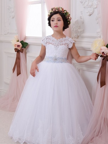 Avorio Abito da ballo Innamorato Tulle Pizzo Lunga Abiti da ragazza di fiori Basso Prezzo