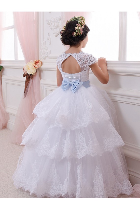 Avorio Abito da ballo Innamorato Tulle Pizzo Lunga Abiti da ragazza di fiori Basso Prezzo