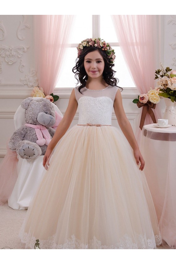 Avorio & Champagne Abito da ballo Innamorato Tulle Pizzo Lunga Abiti da ragazza di fiori Basso Prezzo