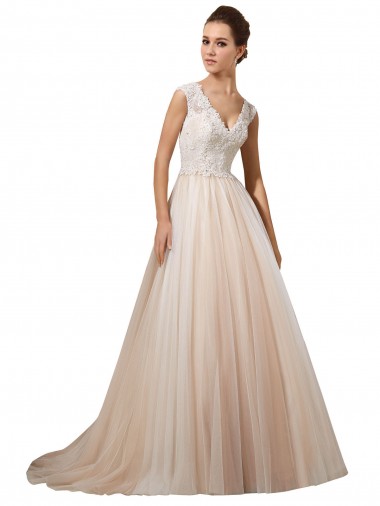 Avorio & Champagne Linea A Scollatura a V Tulle Pizzo Abiti da sposa Basso Prezzo