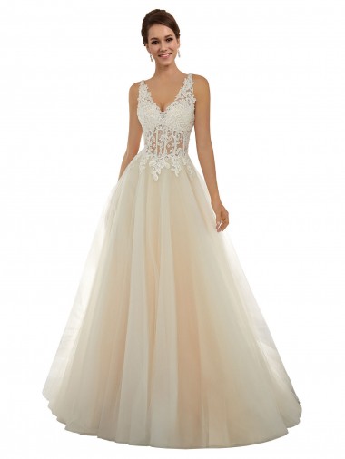 Avorio & Champagne Linea A Scollatura a V Tulle Pizzo Classico Abiti da sposa Basso Prezzo