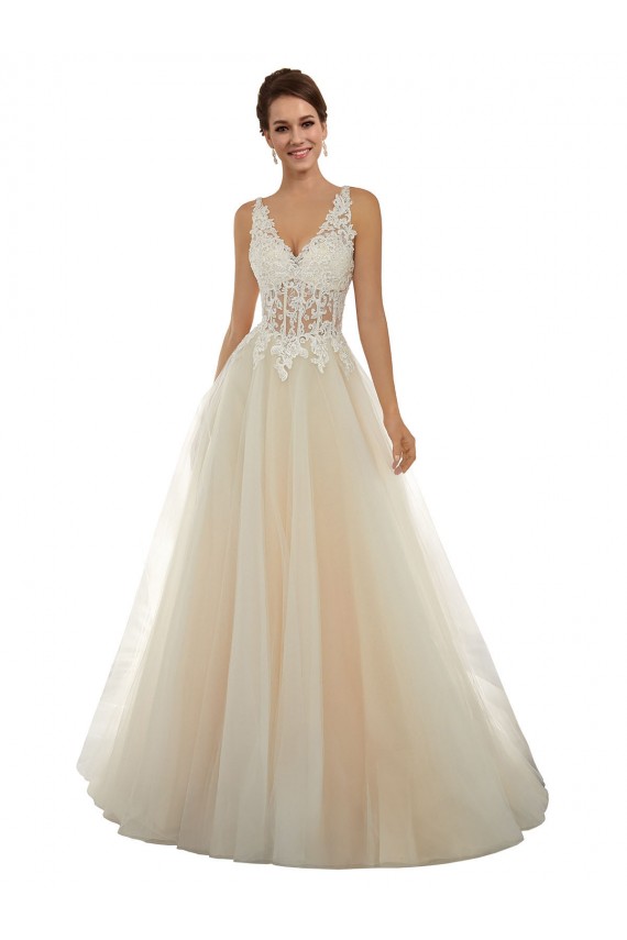 Avorio & Champagne Linea A Scollatura a V Tulle Pizzo Classico Abiti da sposa Basso Prezzo