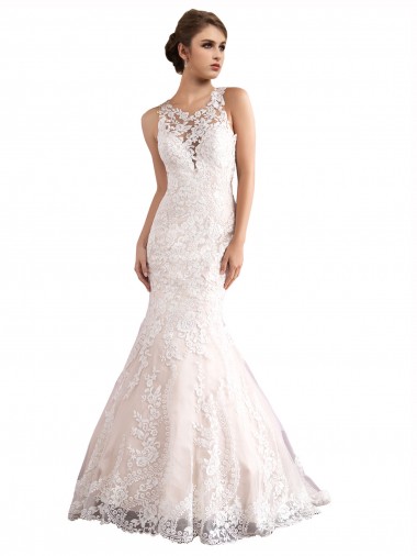 Avorio & Champagne Stile sirena Illusione Cattedrale di treno Tulle Pizzo Abiti da sposa Basso Prezzo