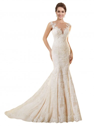 Avorio & Champagne Stile sirena Illusione Pizzo Abiti da sposa Basso Prezzo