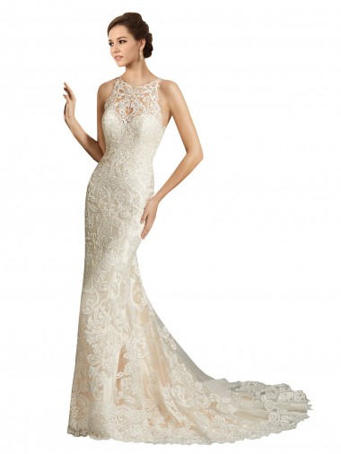 Avorio & Champagne Stile sirena Illusione Tulle Pizzo Classico Abiti da sposa Basso Prezzo