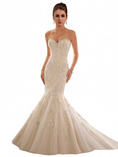 Avorio & Champagne Stile sirena Innamorato Tulle Pizzo Abiti da sposa Basso Prezzo