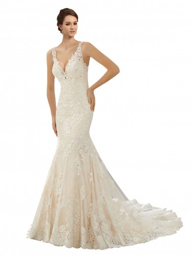 Avorio & Champagne Stile sirena Scollatura a V Pizzo Abiti da sposa Basso Prezzo
