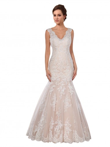 Avorio & Champagne Stile sirena Scollatura a V Pizzo Classico Abiti da sposa Basso Prezzo