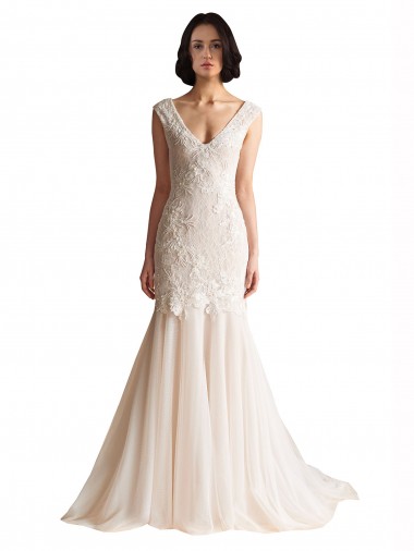 Avorio & Champagne Stile sirena Scollatura a V Sweep treno Tulle Abiti da sposa Basso Prezzo