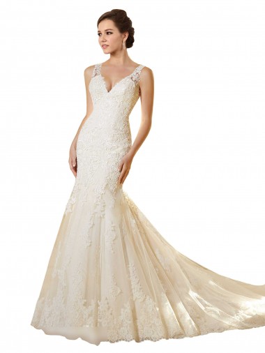 Avorio & Champagne Stile sirena Scollatura a V Tulle Pizzo Abiti da sposa Basso Prezzo