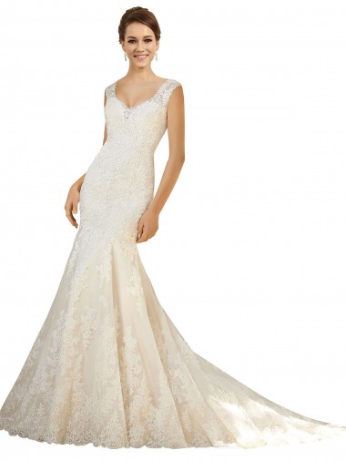 Avorio & Champagne Stile sirena Scollatura a V Tulle Pizzo Abiti da sposa Basso Prezzo