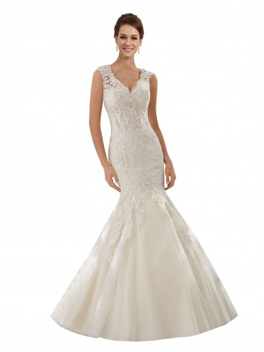 Avorio & Champagne Stile sirena Scollatura a V Tulle Pizzo Abiti da sposa Basso Prezzo