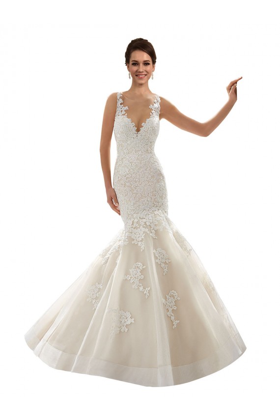 Avorio & Champagne Stile sirena Scollatura a V Tulle Pizzo Classico Abiti da sposa Basso Prezzo