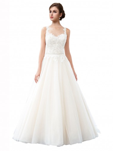 Avorio Linea A Illusione Cattedrale di treno Tulle Pizzo Spiaggia Abiti da sposa Basso Prezzo