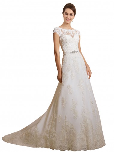 Avorio Linea A Illusione Tulle Pizzo Classico Abiti da sposa Basso Prezzo