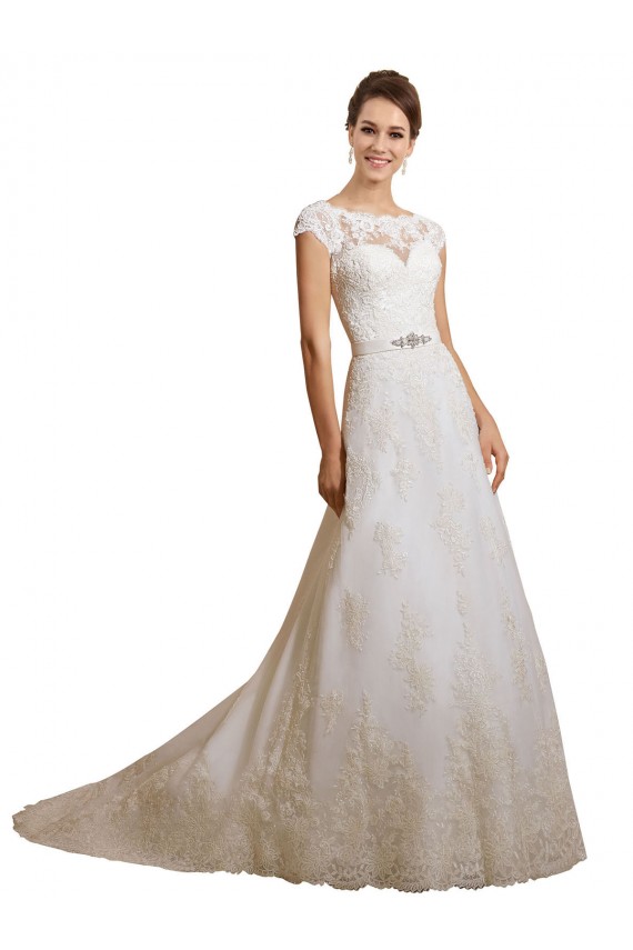 Avorio Linea A Illusione Tulle Pizzo Classico Abiti da sposa Basso Prezzo