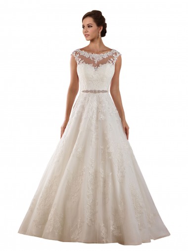 Avorio Linea A Illusione Tulle Pizzo Classico Abiti da sposa Basso Prezzo