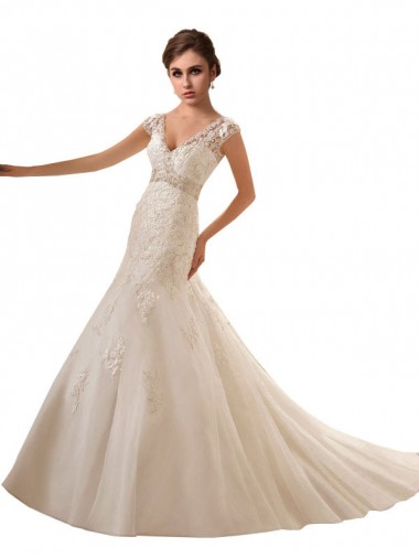 Avorio Linea A Scollatura a V Tulle Pizzo Abiti da sposa Basso Prezzo