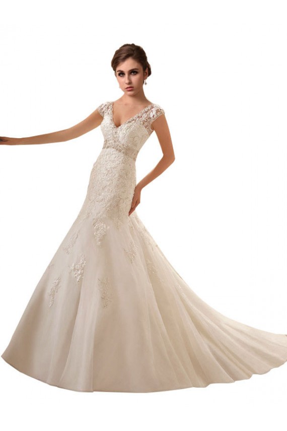Avorio Linea A Scollatura a V Tulle Pizzo Abiti da sposa Basso Prezzo
