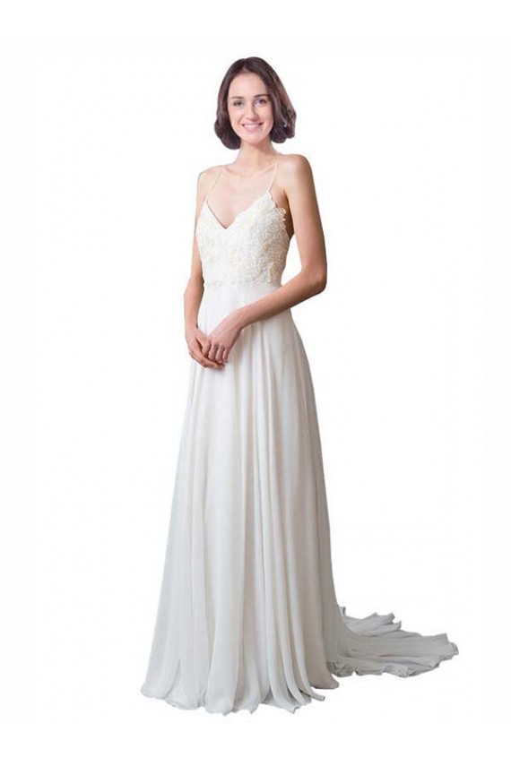 Avorio Linea A Sottili Scollatura a V Chiffona Pizzo Spiaggia Abiti da sposa Basso Prezzo