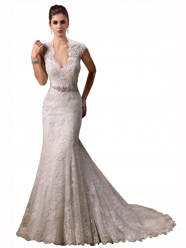 Avorio Stile sirena Capestro Scollatura a V Pizzo Abiti da sposa Basso Prezzo