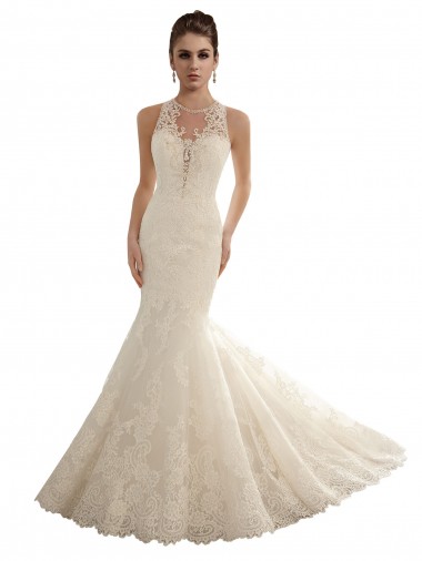 Avorio Stile sirena Illusione Pizzo Abiti da sposa Basso Prezzo
