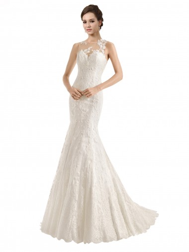 Avorio Stile sirena Illusione Pizzo Abiti da sposa Basso Prezzo