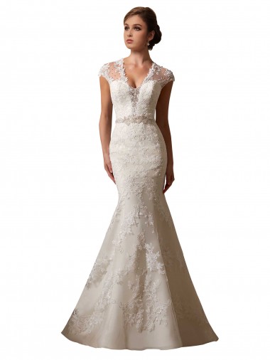Avorio Stile sirena Illusione Scollatura a V Tulle Pizzo Abiti da sposa Basso Prezzo